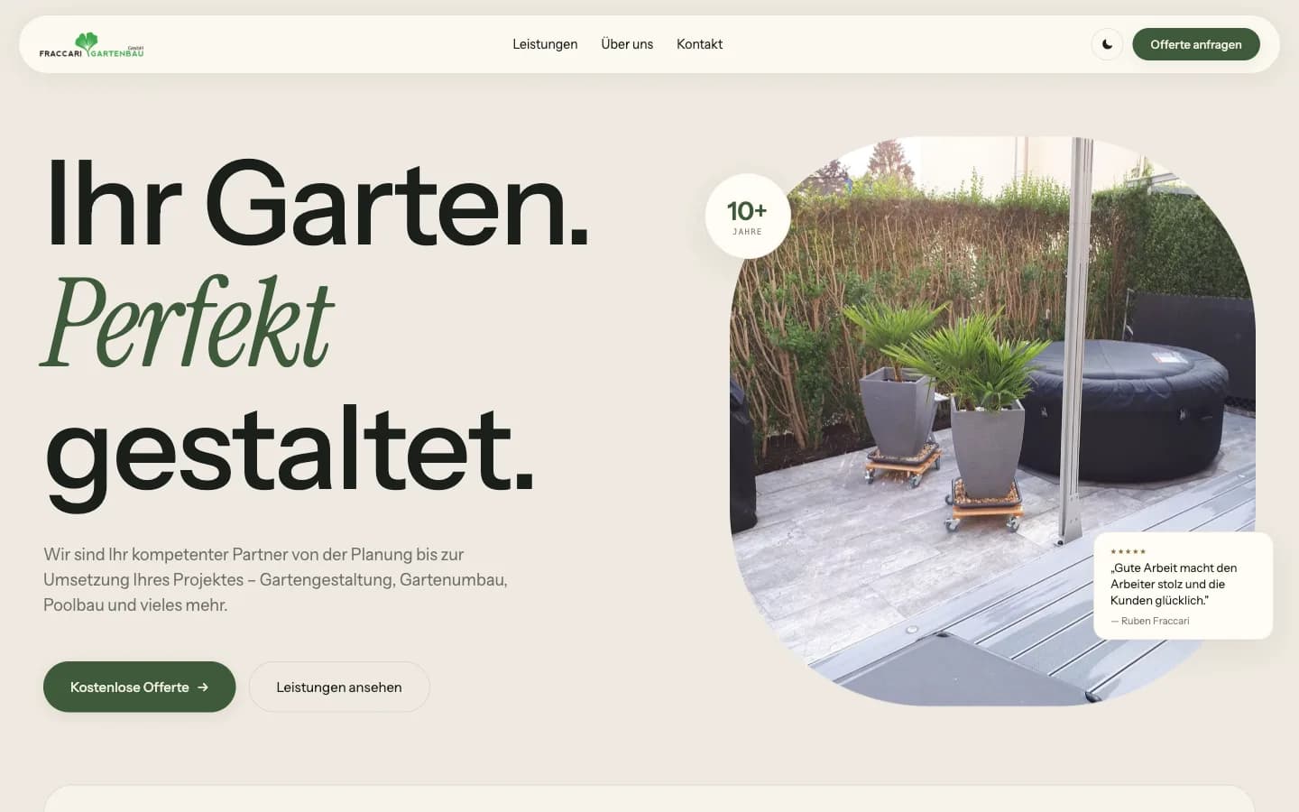 Startseite von Fraccari Gartenbau mit Offertenanfrage als erster Handlung